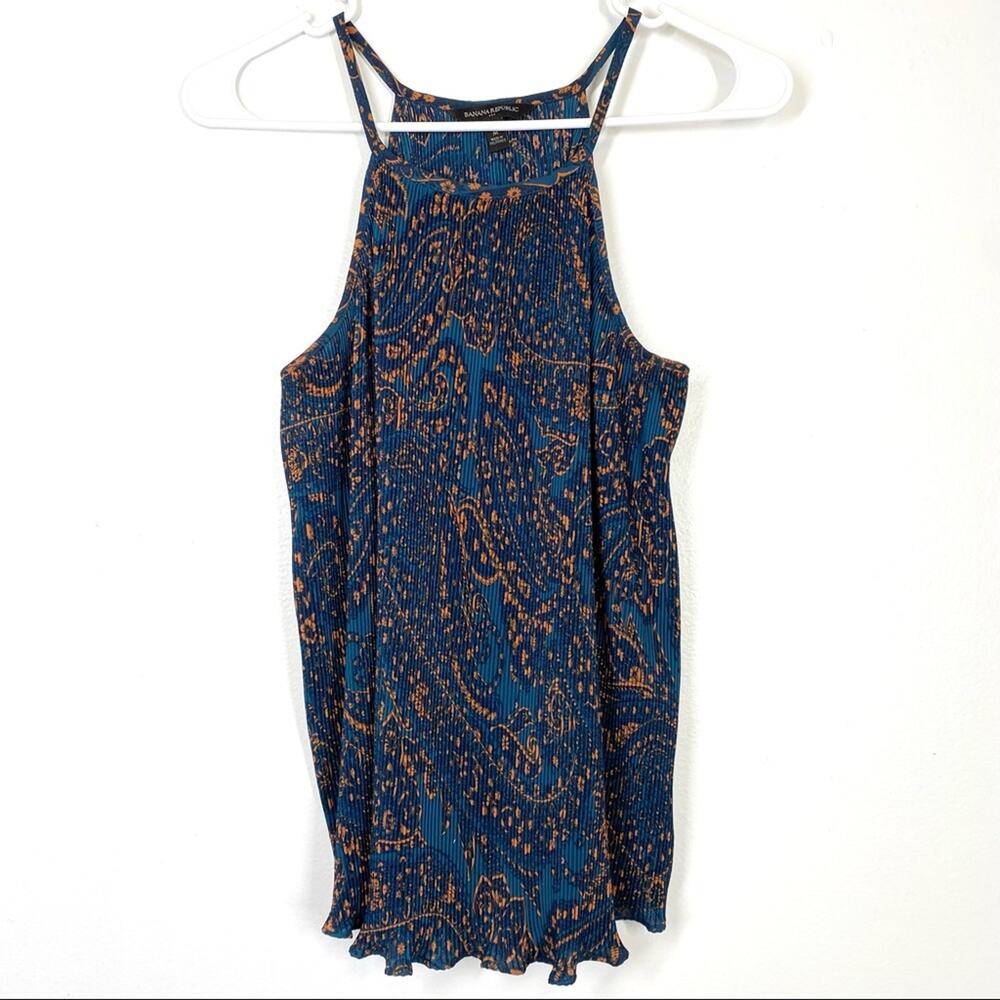 BANANA REPUBLIC Pleated Paisley Tank Top Blouse Orange Blue Spaghetti Strap M
